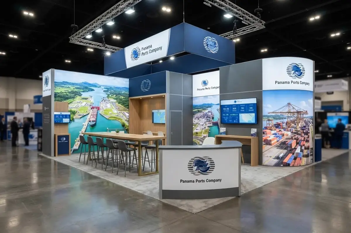 Stand de exhibición con estructura elevada